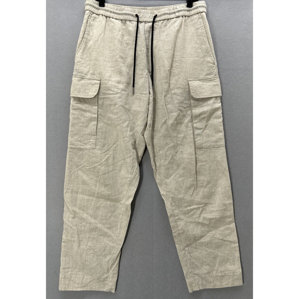 H&M Mens Cargo Pants Medium Ivory Beige Linen Blend Slim Straight Fit Drawstring